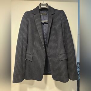 Navy pinstripe blazer with sueded elbow patches
